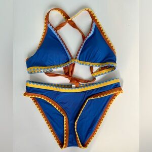 LUCKY BRAND M L Blue Hipster Halter Bikini Swimsuit Avila Contrast Stitch $149